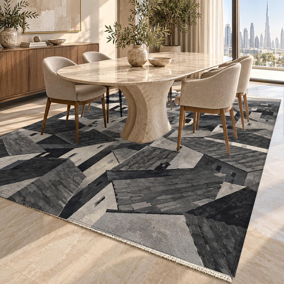 Rooftop Rhythm Charcoal Modern Washable Rug — dubai dining
