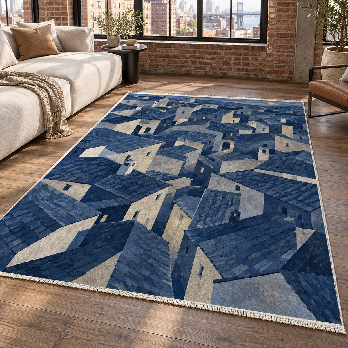 Rooftop Rhythm Indigo Modern Washable Rug — new york living