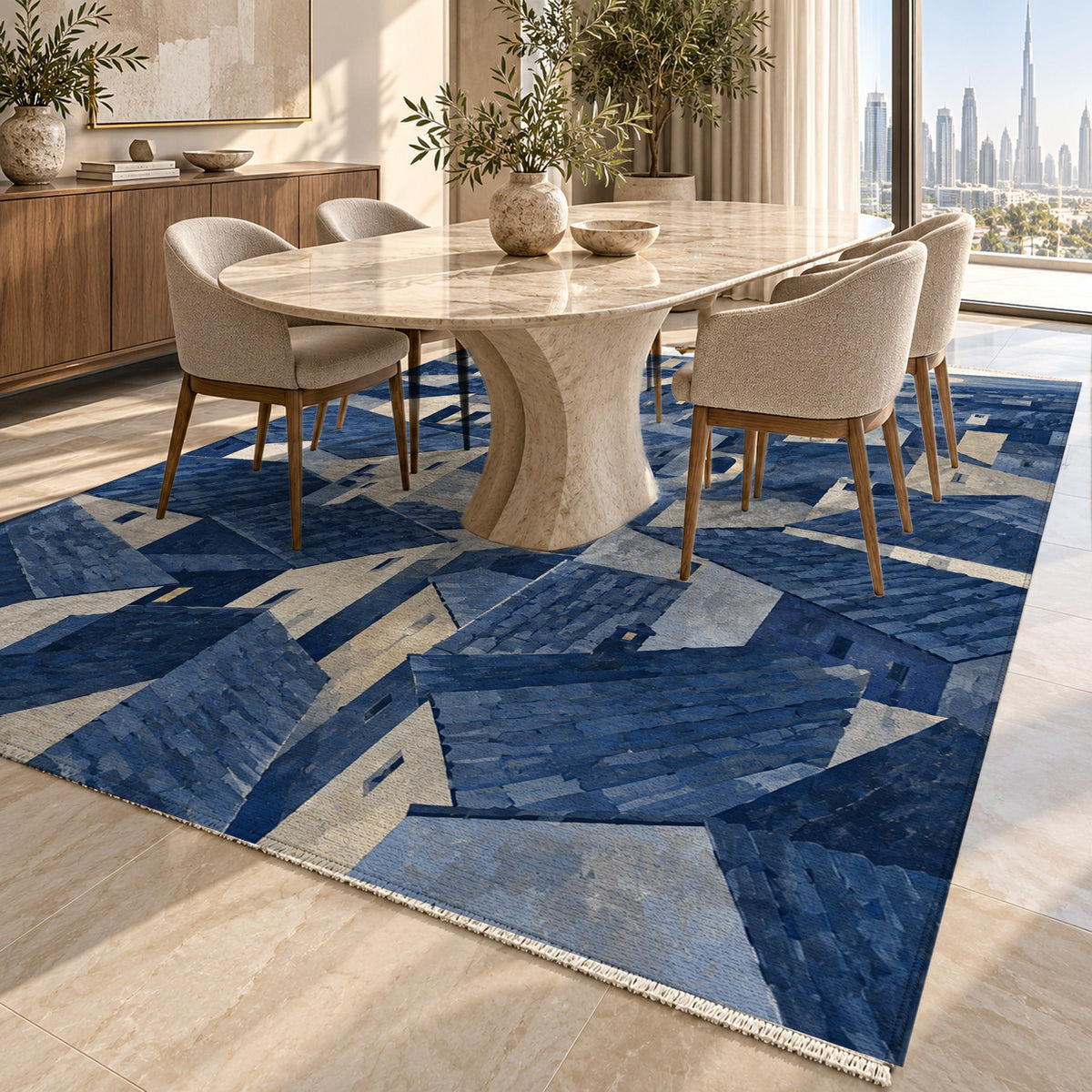 Rooftop Rhythm Indigo Modern Washable Rug — dubai dining