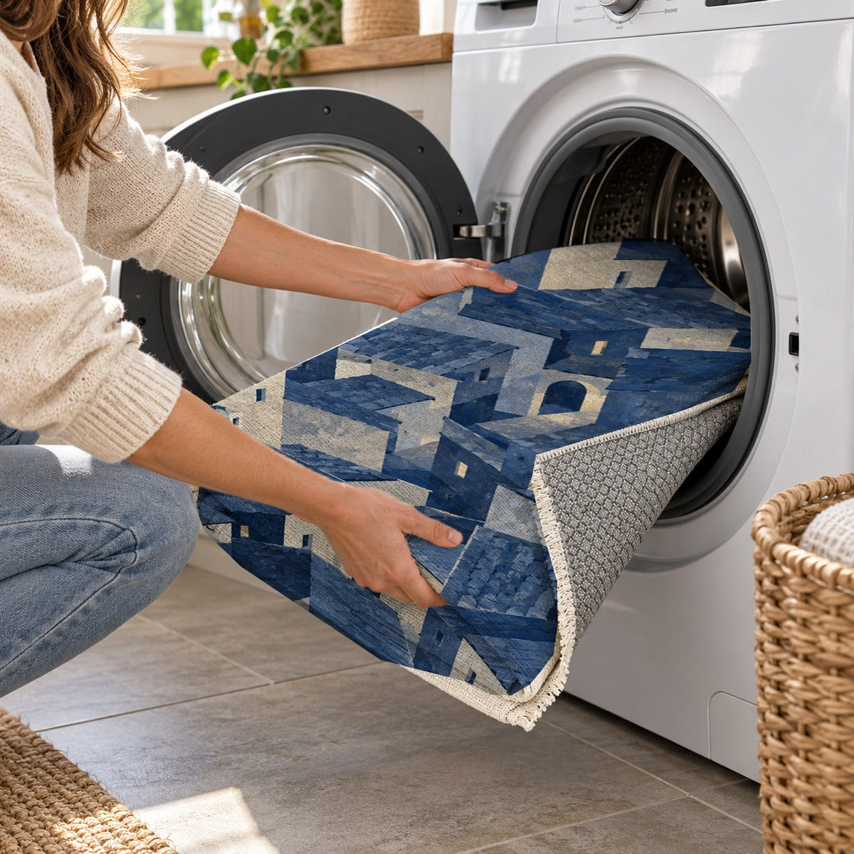 Rooftop Rhythm Indigo Modern Washable Rug — washing machine