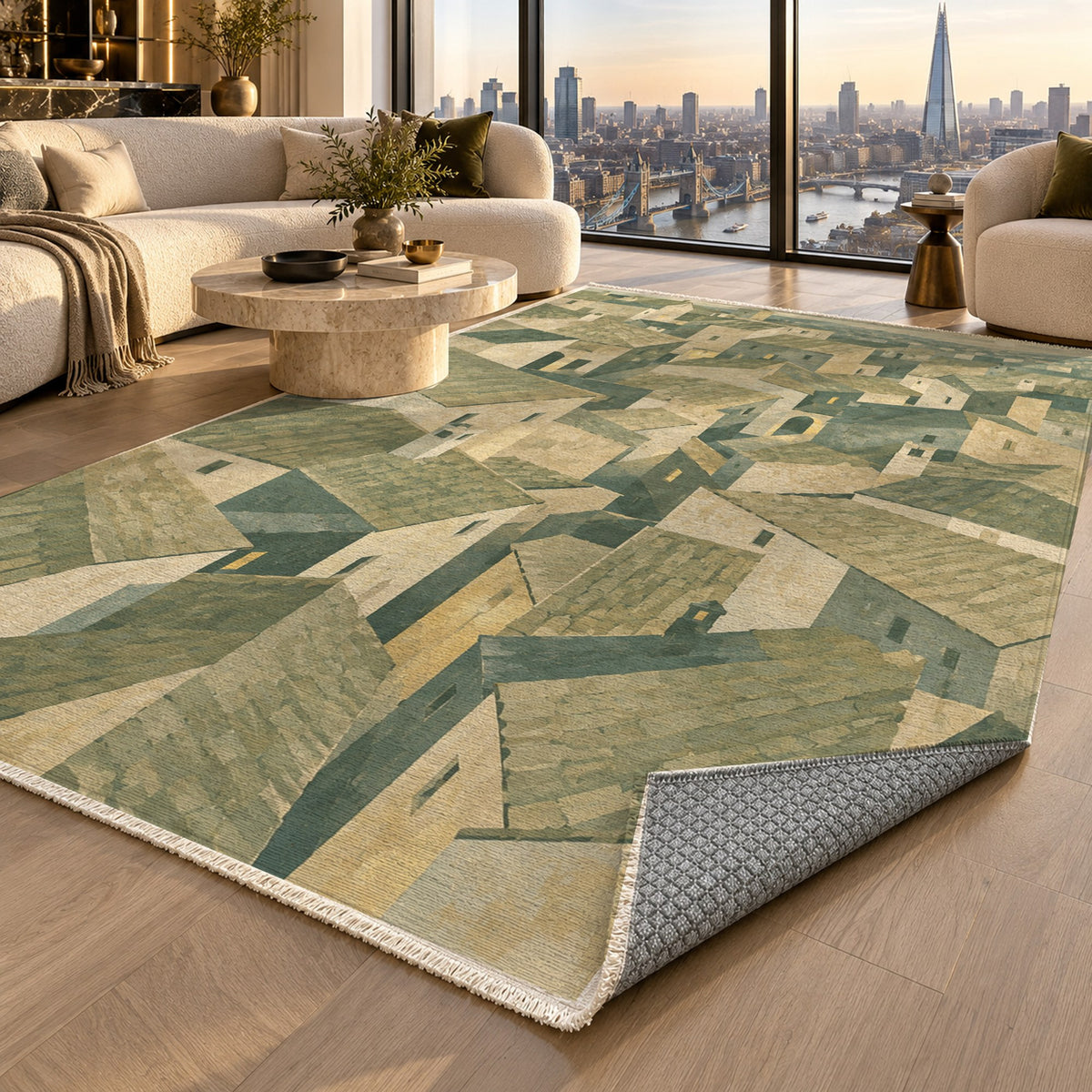 Rooftop Rhythm Sage Modern Washable Rug — london luxury living