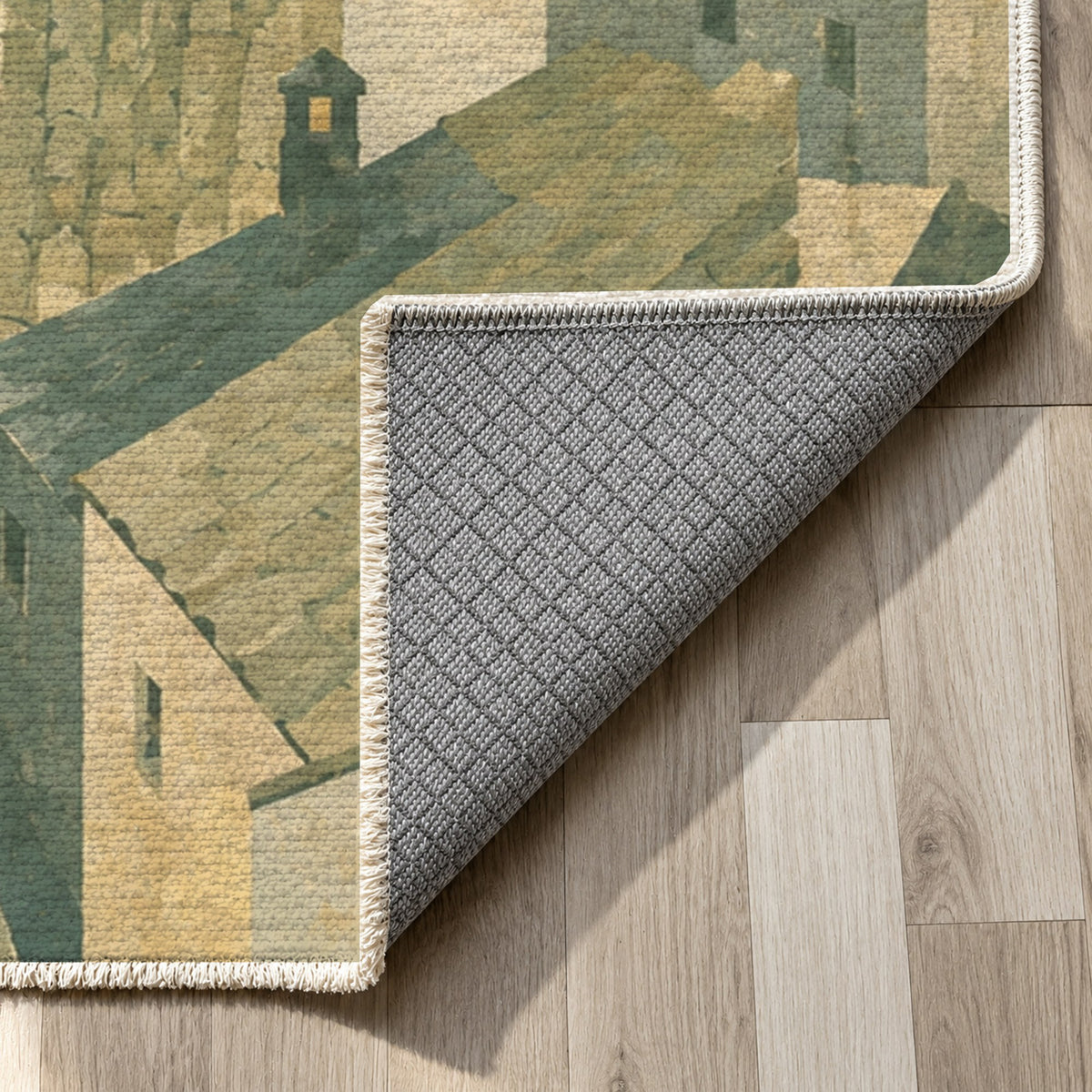 Rooftop Rhythm Sage Modern Washable Rug — backing close up
