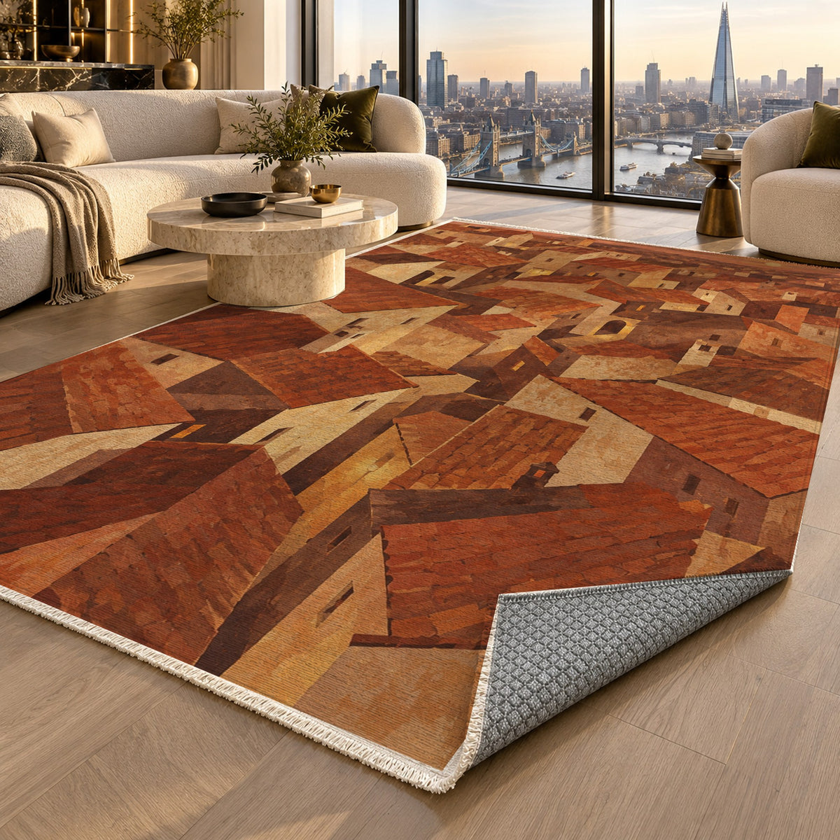 Rooftop Rhythm Terracotta Modern Washable Rug — london luxury living