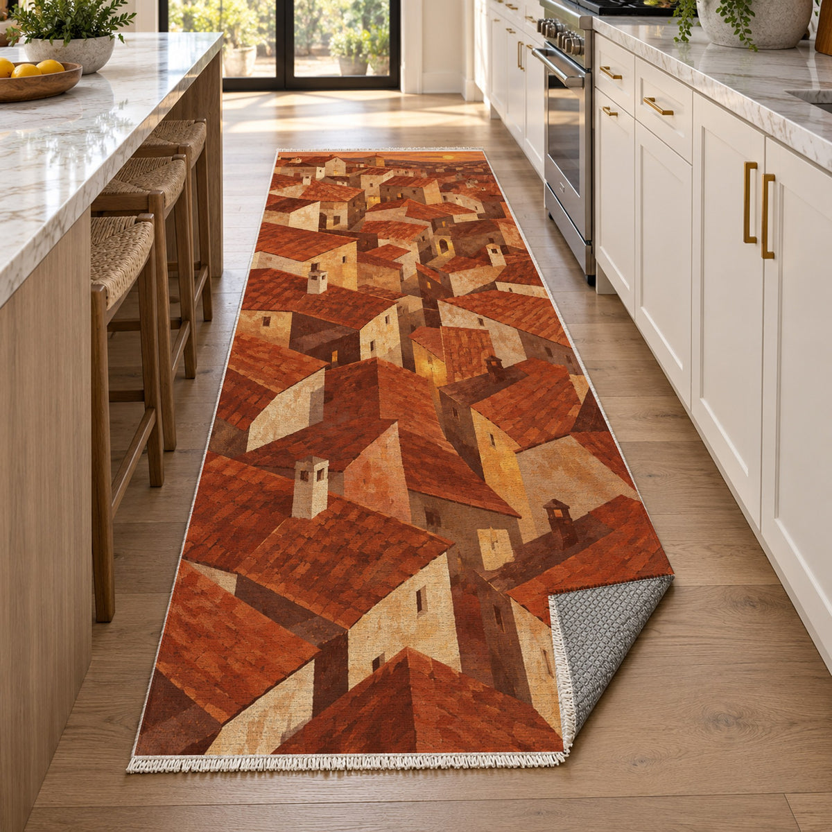 Rooftop Rhythm Terracotta Modern Washable Rug — new york kitchen runner