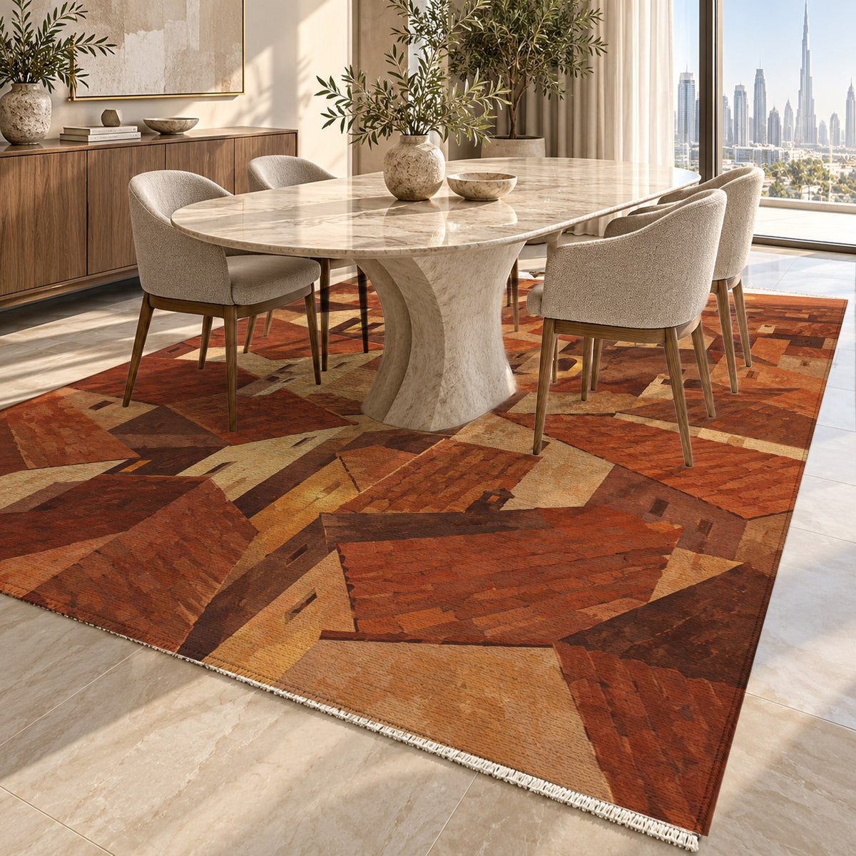 Rooftop Rhythm Terracotta Modern Washable Rug — dubai dining