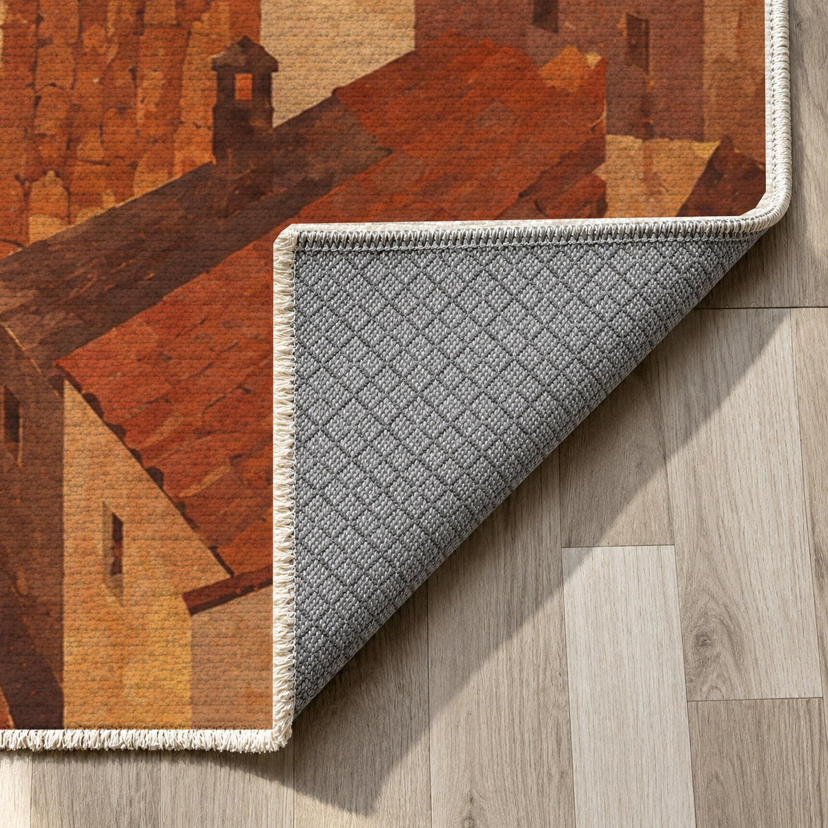 Rooftop Rhythm Terracotta Modern Washable Rug — backing close up
