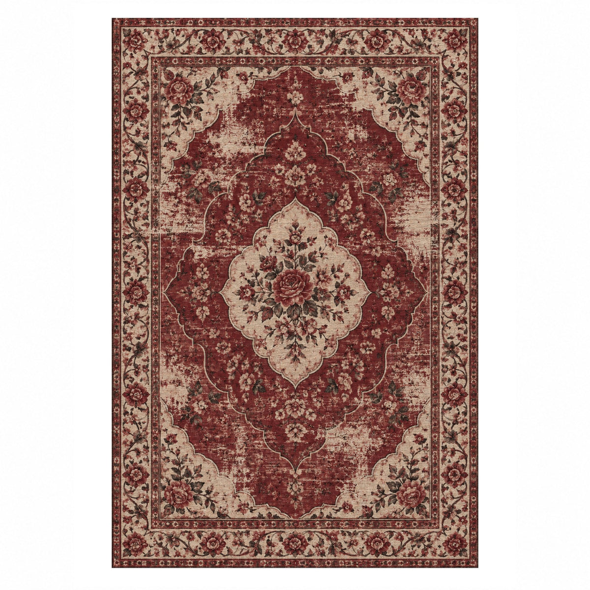 Rose Archive Burgundy Red Vintage Washable Rug — top view