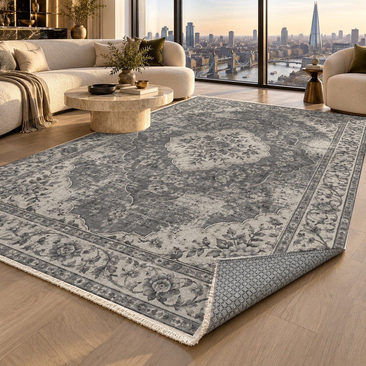 Rose Archive Charcoal Silver Vintage Washable Rug — london luxury living