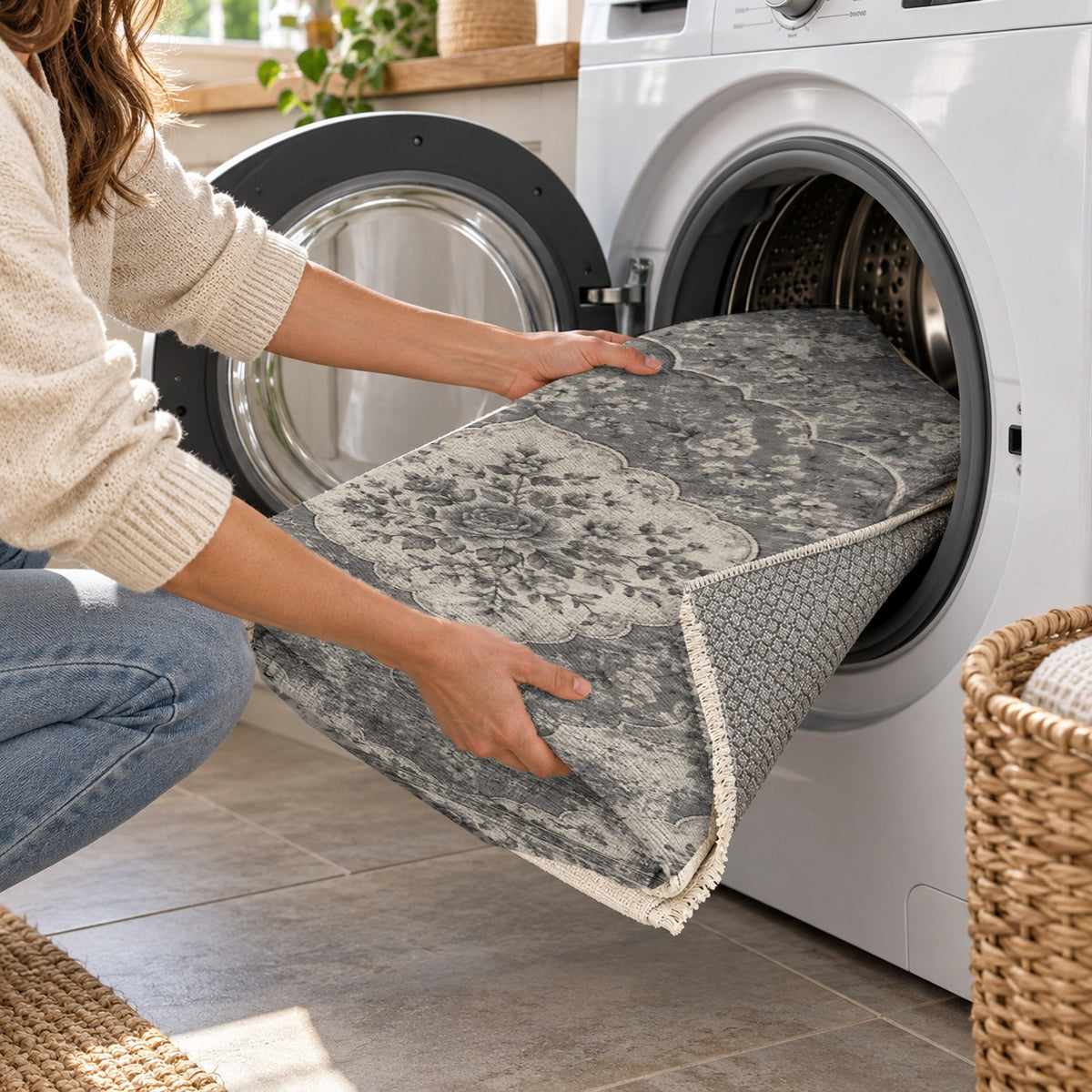 Rose Archive Charcoal Silver Vintage Washable Rug — washing machine
