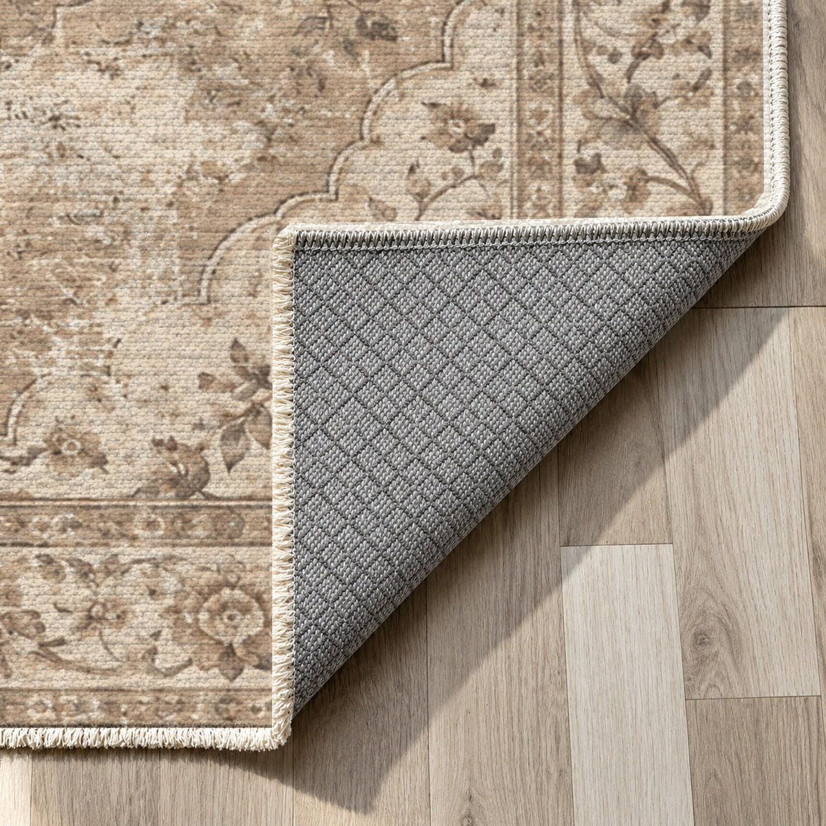 Rose Archive Ivory Taupe Vintage Washable Rug — backing close up