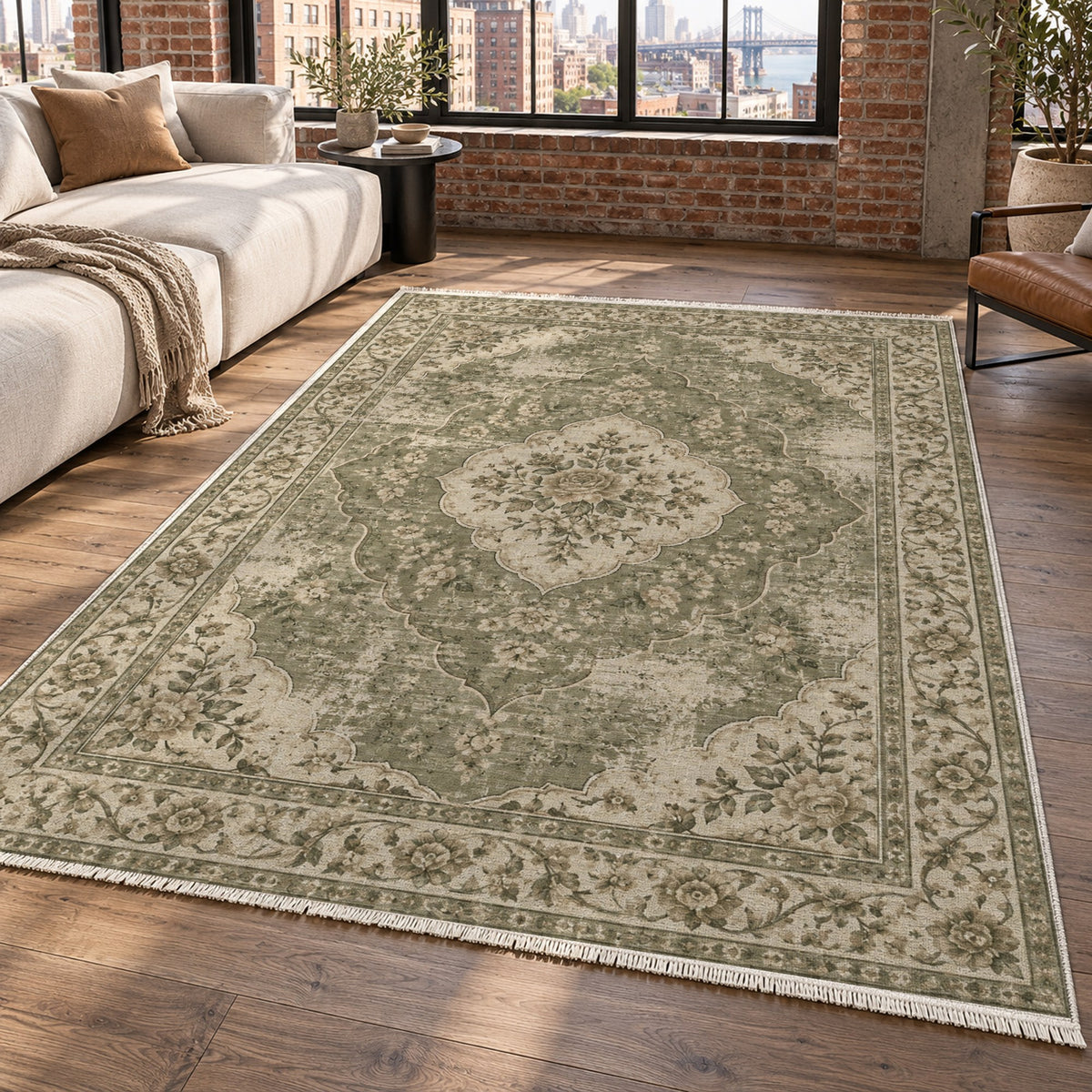 Rose Archive Olive Green Vintage Washable Rug — new york living