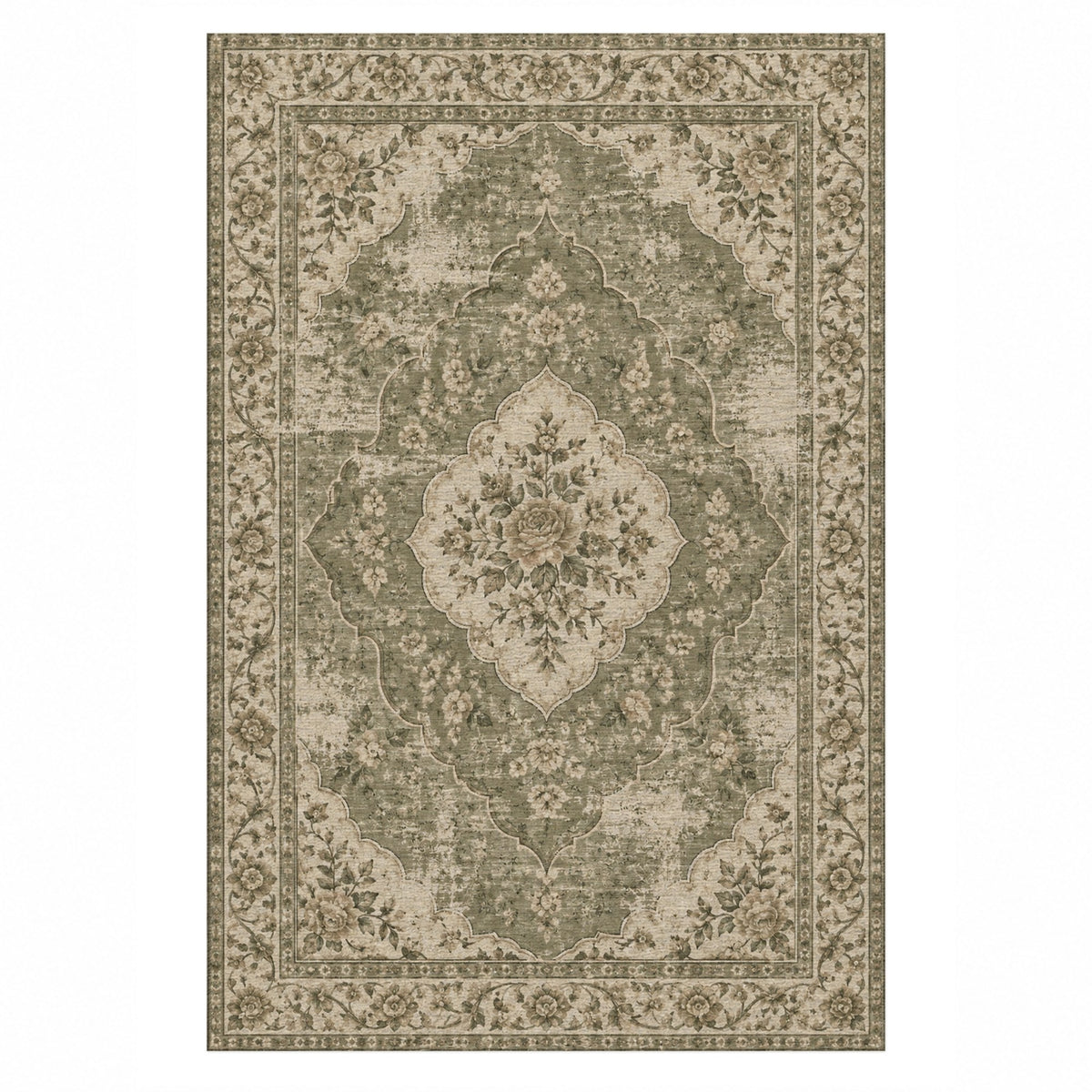 Rose Archive Olive Green Vintage Washable Rug — top view