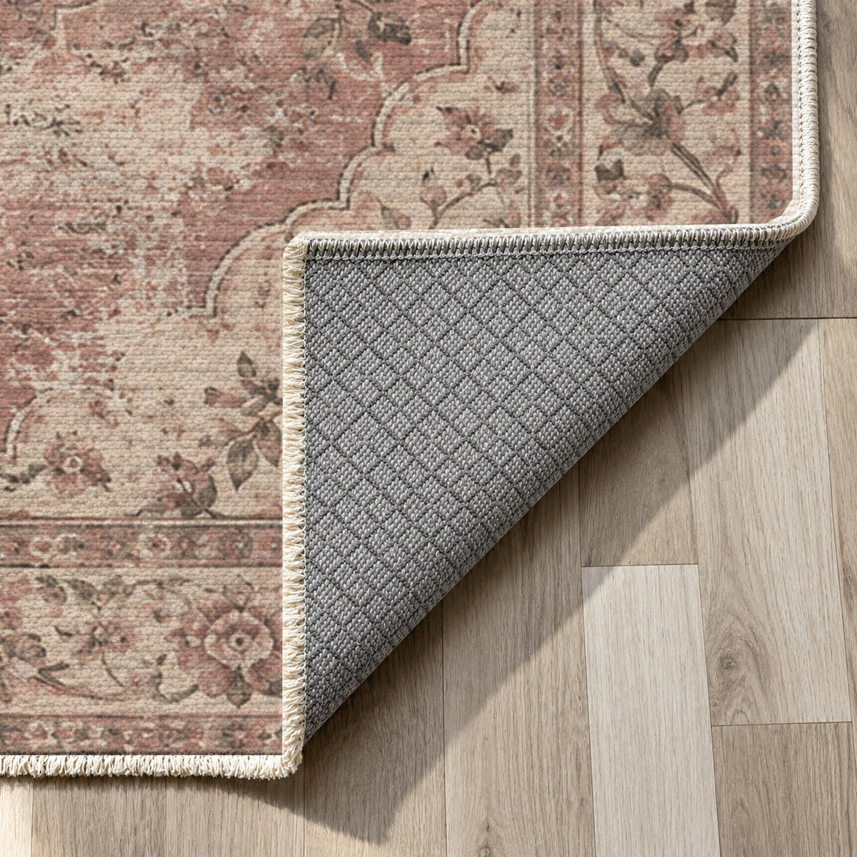 Rose Archive Rose Pink Vintage Washable Rug — backing close up