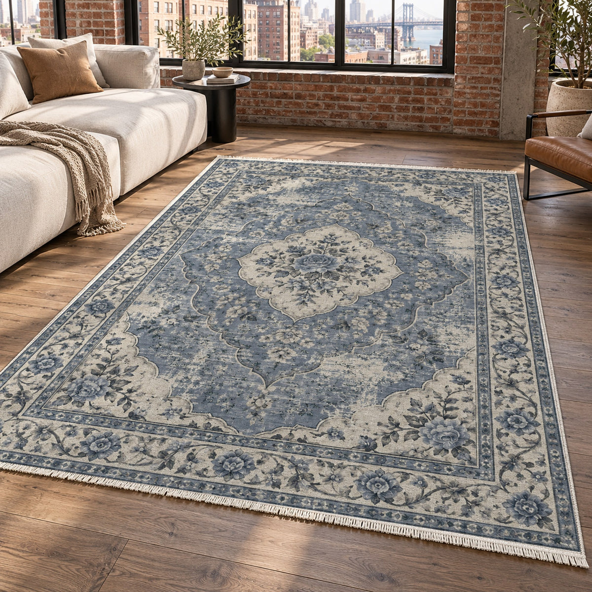 Rose Archive Slate Blue Vintage Washable Rug — new york living