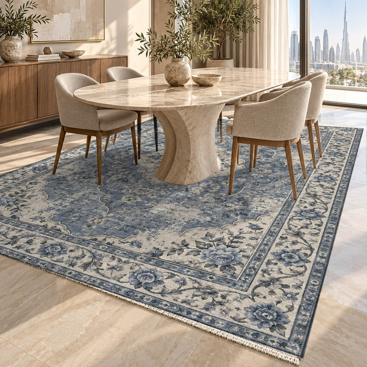 Rose Archive Slate Blue Vintage Washable Rug — dubai dining