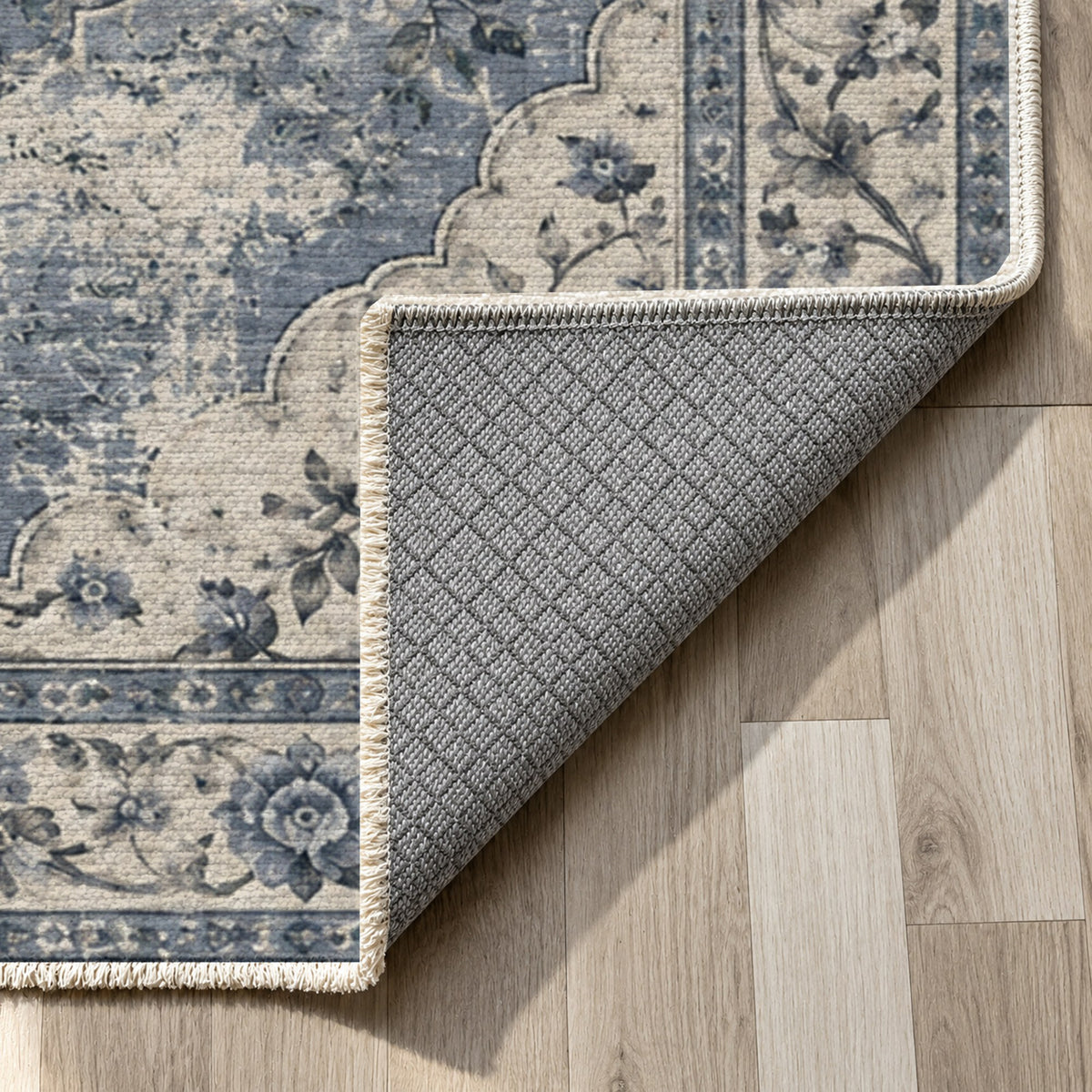 Rose Archive Slate Blue Vintage Washable Rug — backing close up
