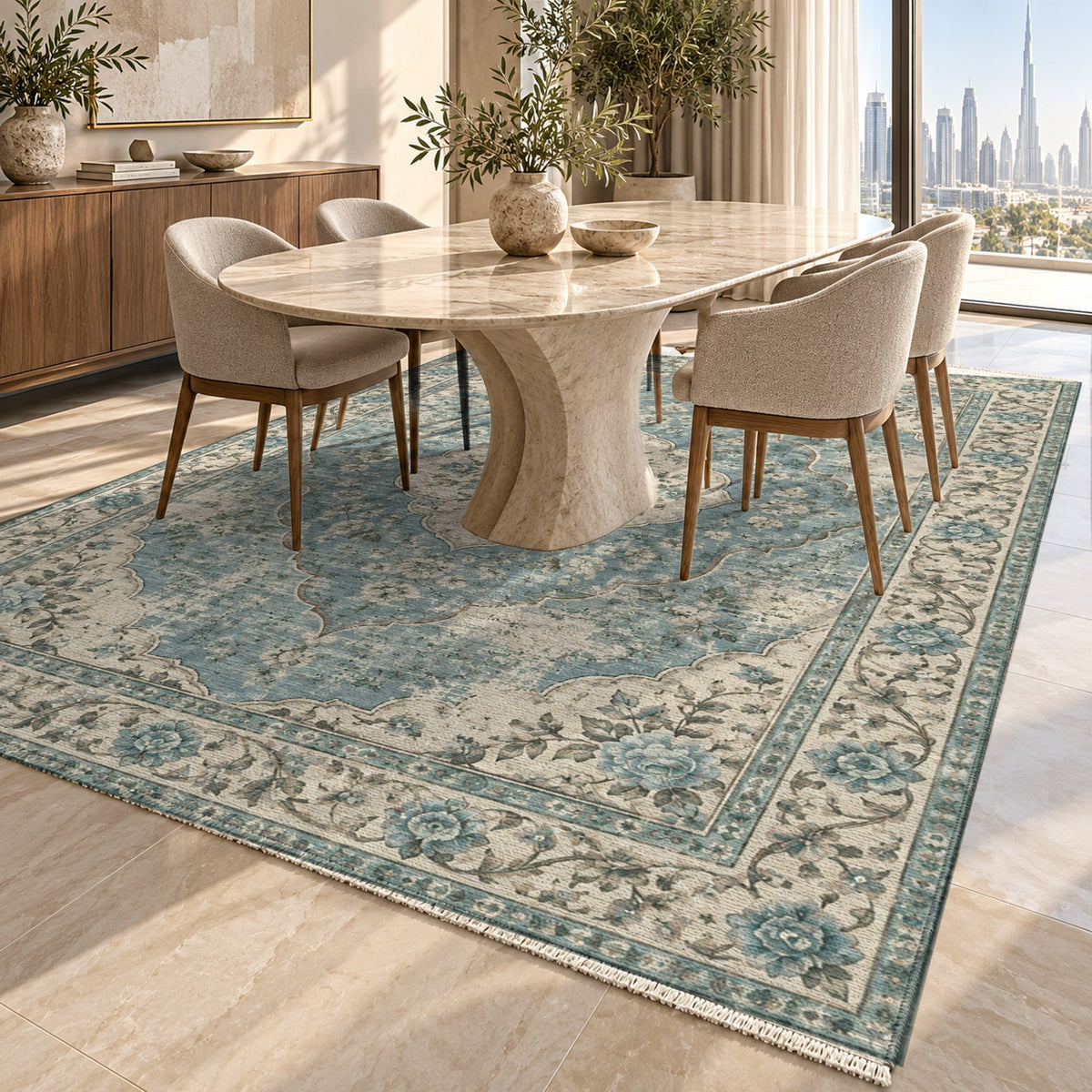 Rose Archive Turquoise Blue Vintage Washable Rug — dubai dining