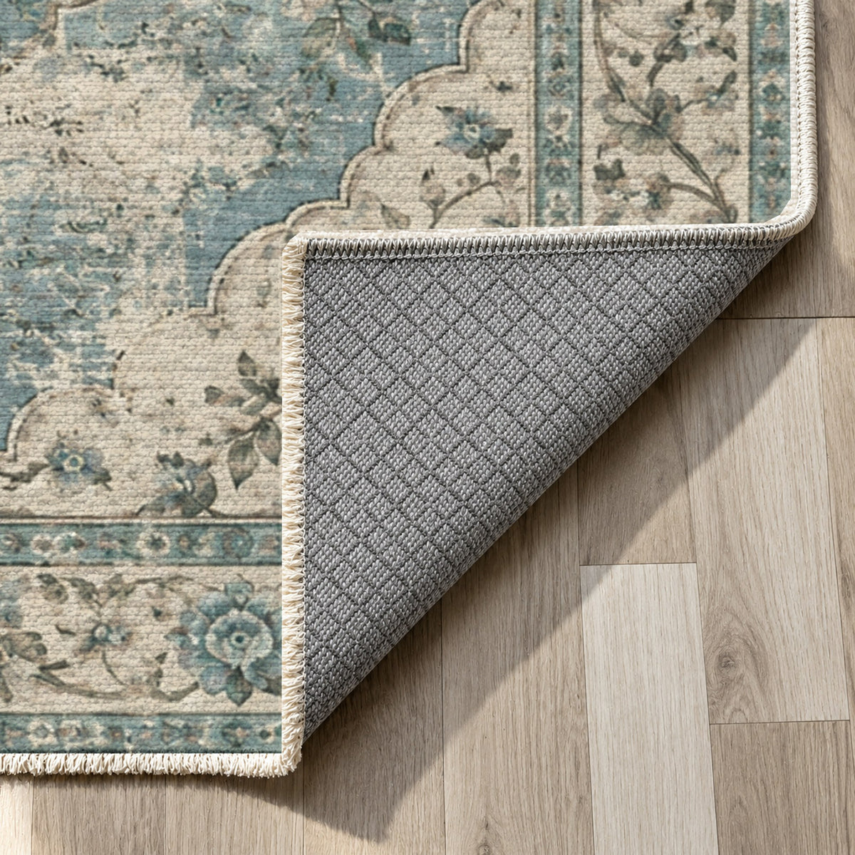 Rose Archive Turquoise Blue Vintage Washable Rug — backing close up