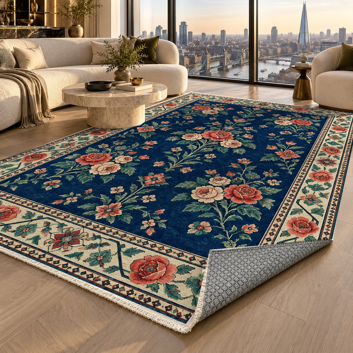 Rose Bouquet Indigo Rose Ethnic Washable Rug — london luxury living
