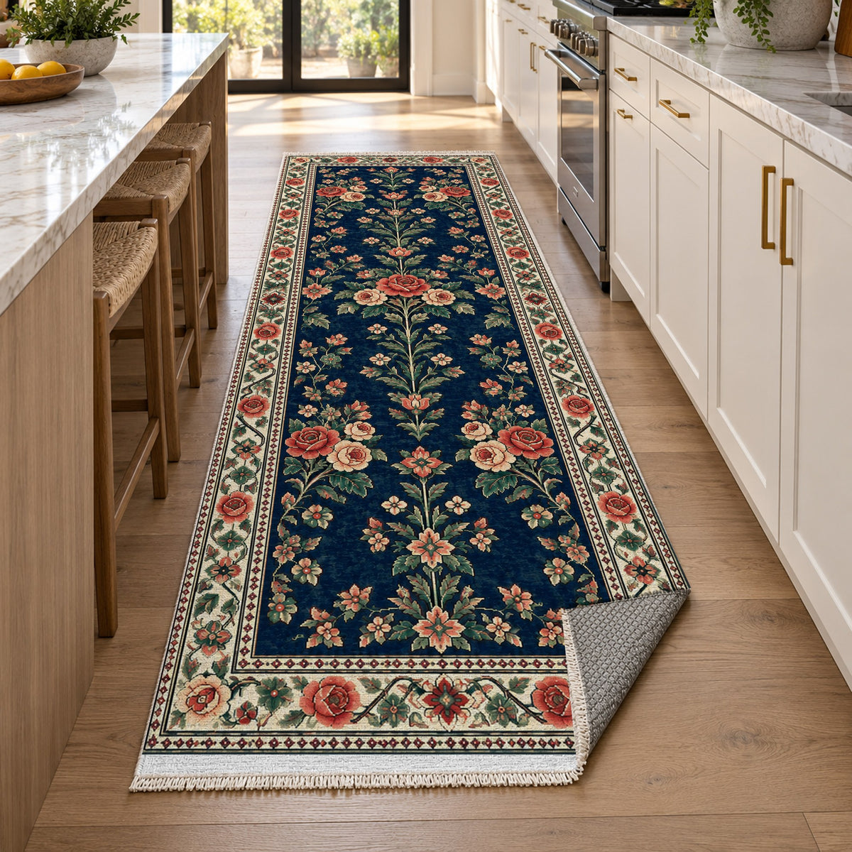Rose Bouquet Indigo Rose Ethnic Washable Rug — new york kitchen runner