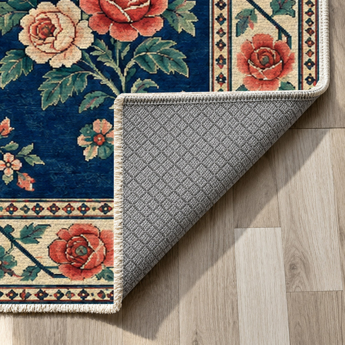 Rose Bouquet Indigo Rose Ethnic Washable Rug — backing close up