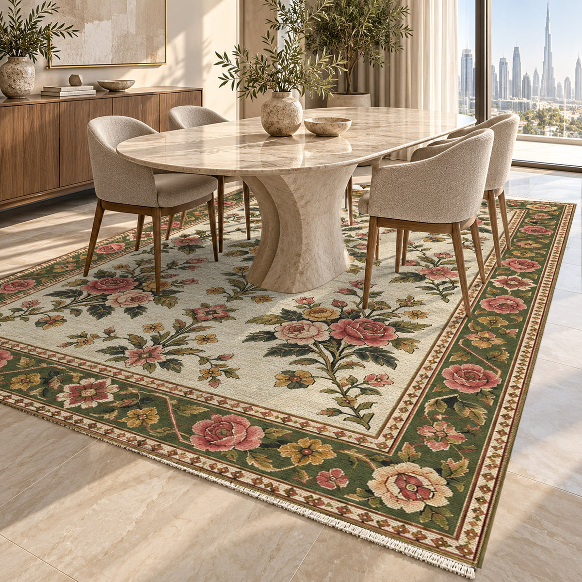 Rose Bouquet Ivory Olive Ethnic Washable Rug — dubai dining