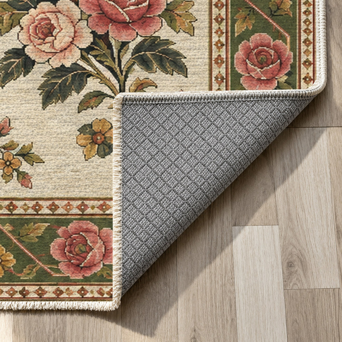 Rose Bouquet Ivory Olive Ethnic Washable Rug — backing close up
