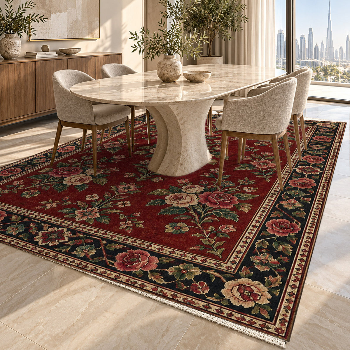 Rose Bouquet Ruby Midnight Ethnic Washable Rug — dubai dining