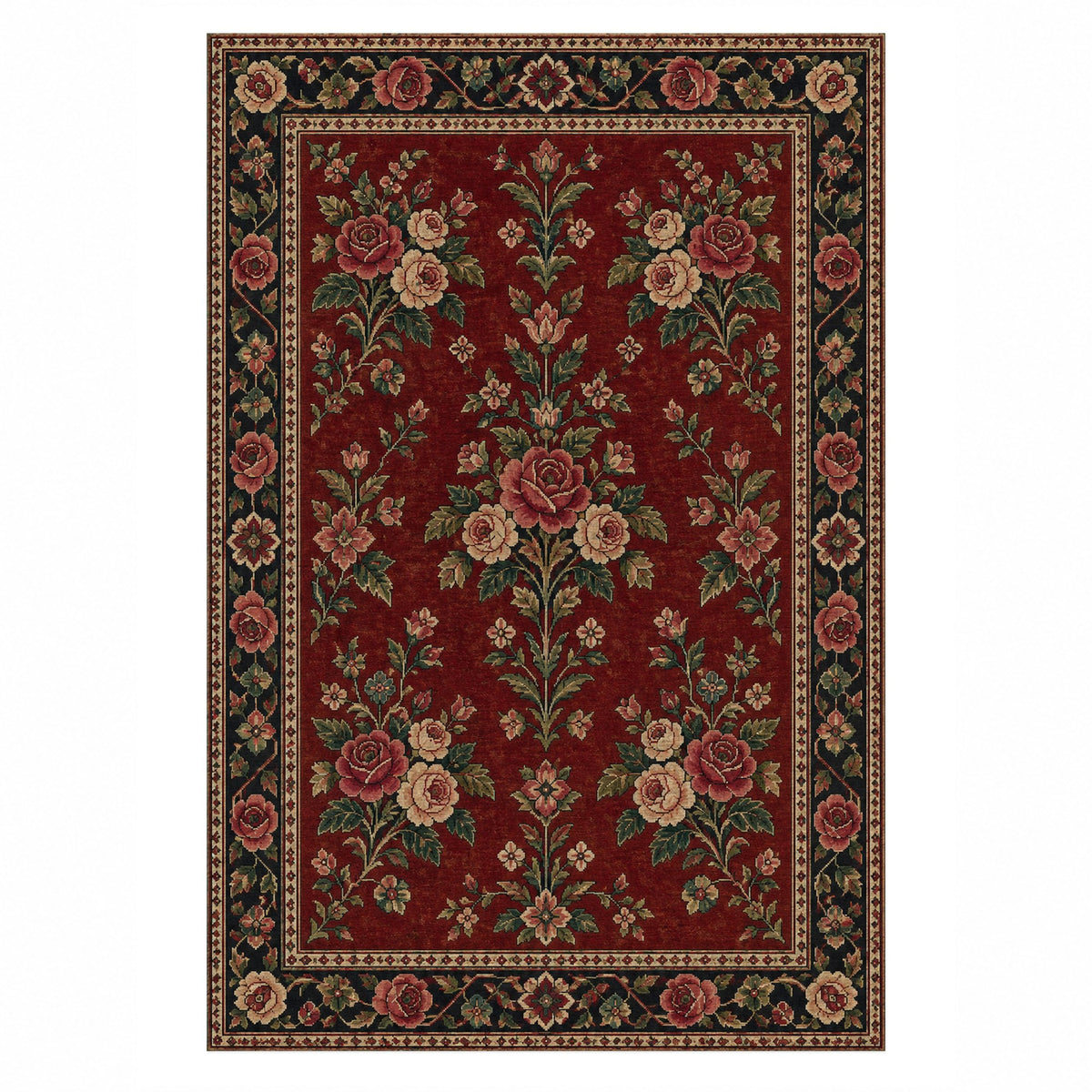 Rose Bouquet Ruby Midnight Ethnic Washable Rug — top view