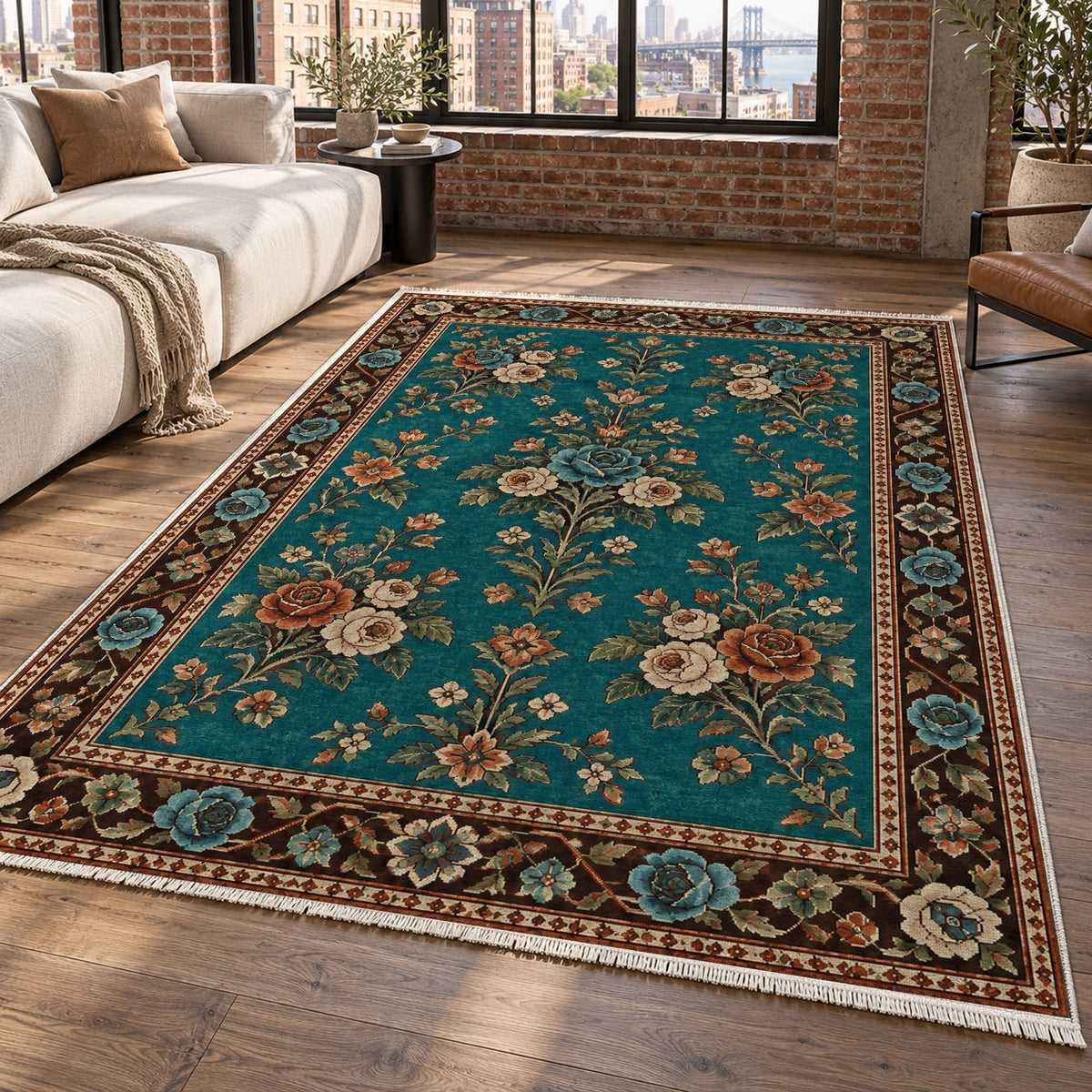 Rose Bouquet Turquoise Copper Ethnic Washable Rug — new york living