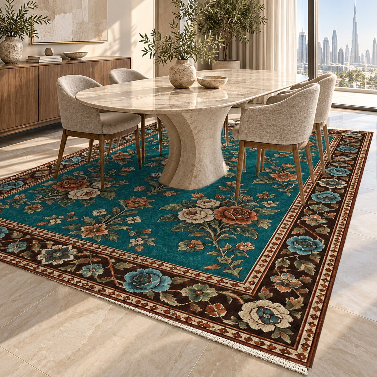 Rose Bouquet Turquoise Copper Ethnic Washable Rug — dubai dining