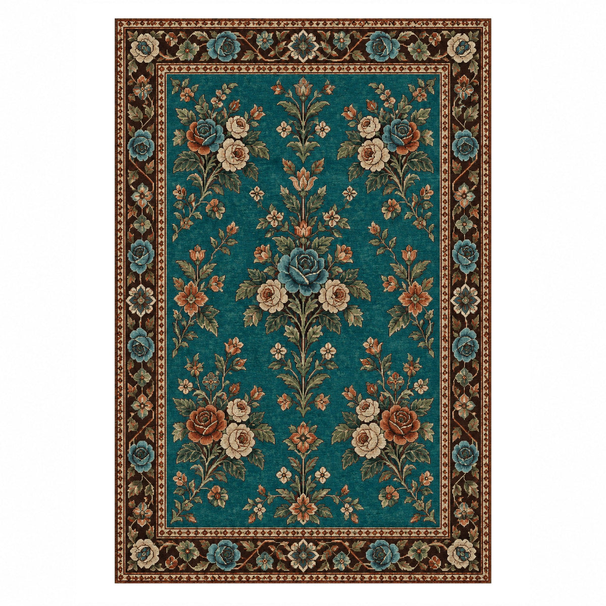 Rose Bouquet Turquoise Copper Ethnic Washable Rug — top view