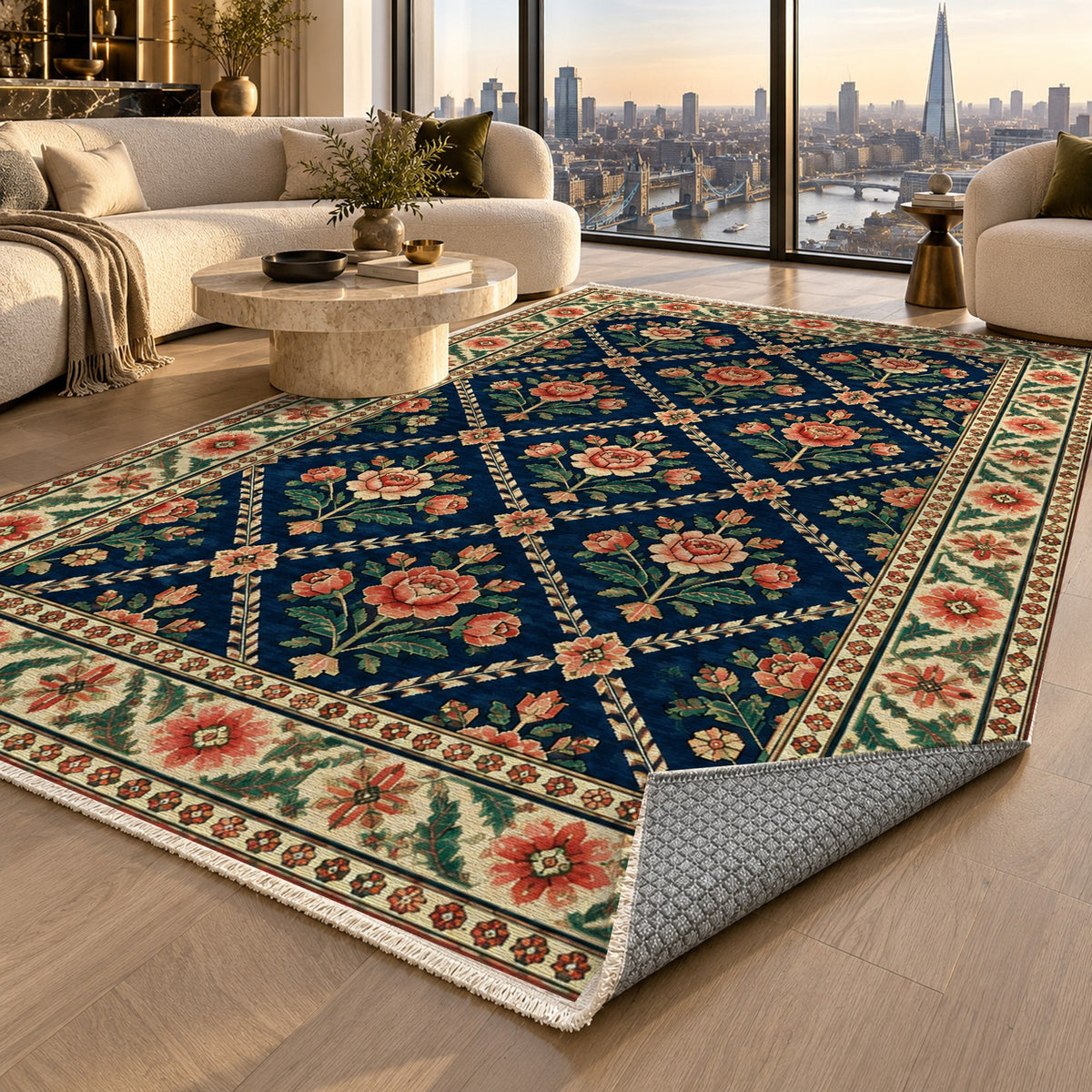 Rose Trellis Indigo Rose Ethnic Washable Rug — london luxury living