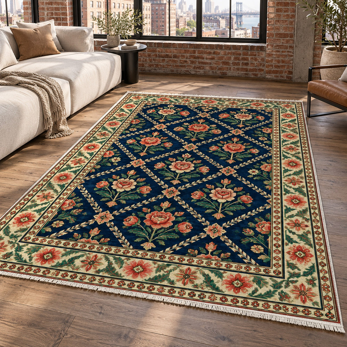 Rose Trellis Indigo Rose Ethnic Washable Rug — new york living