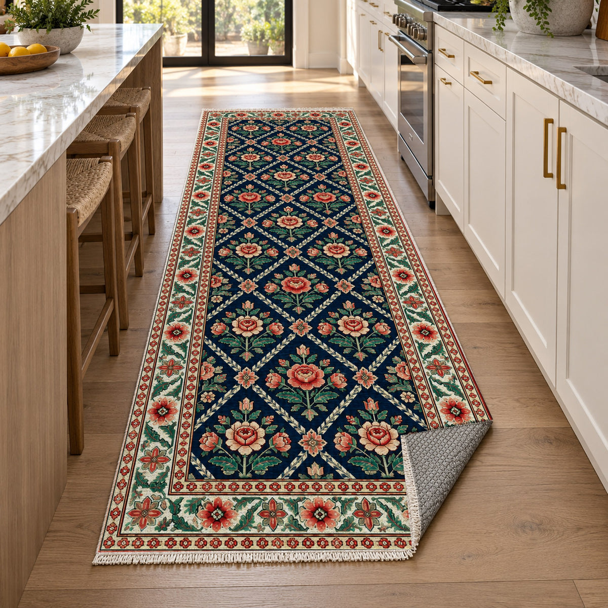 Rose Trellis Indigo Rose Ethnic Washable Rug — new york kitchen runner
