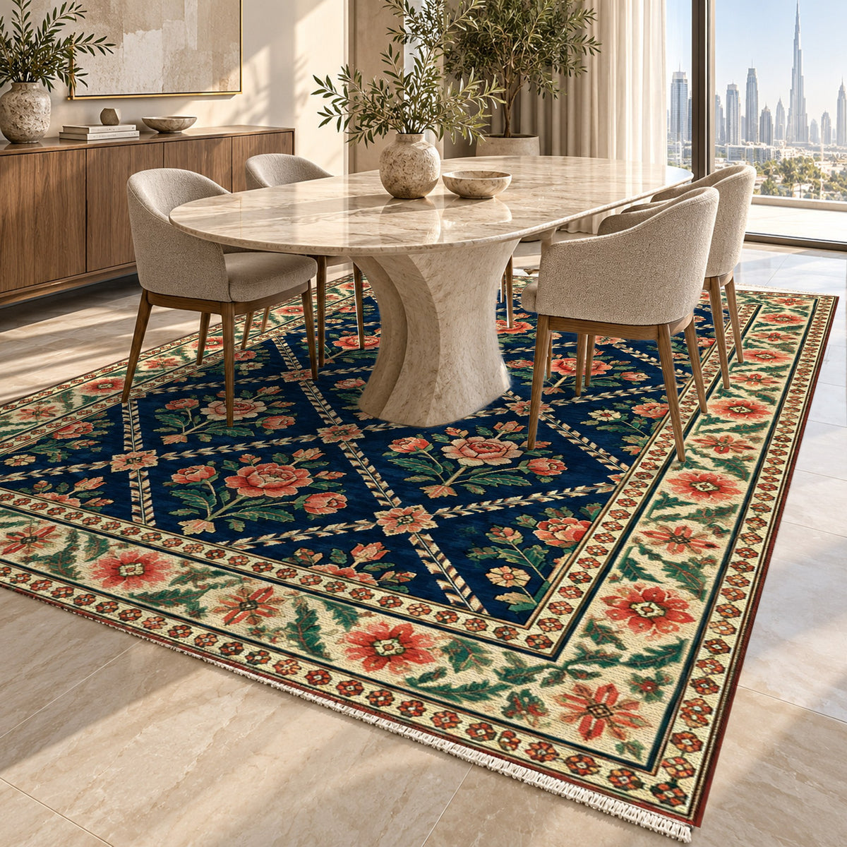 Rose Trellis Indigo Rose Ethnic Washable Rug — dubai dining