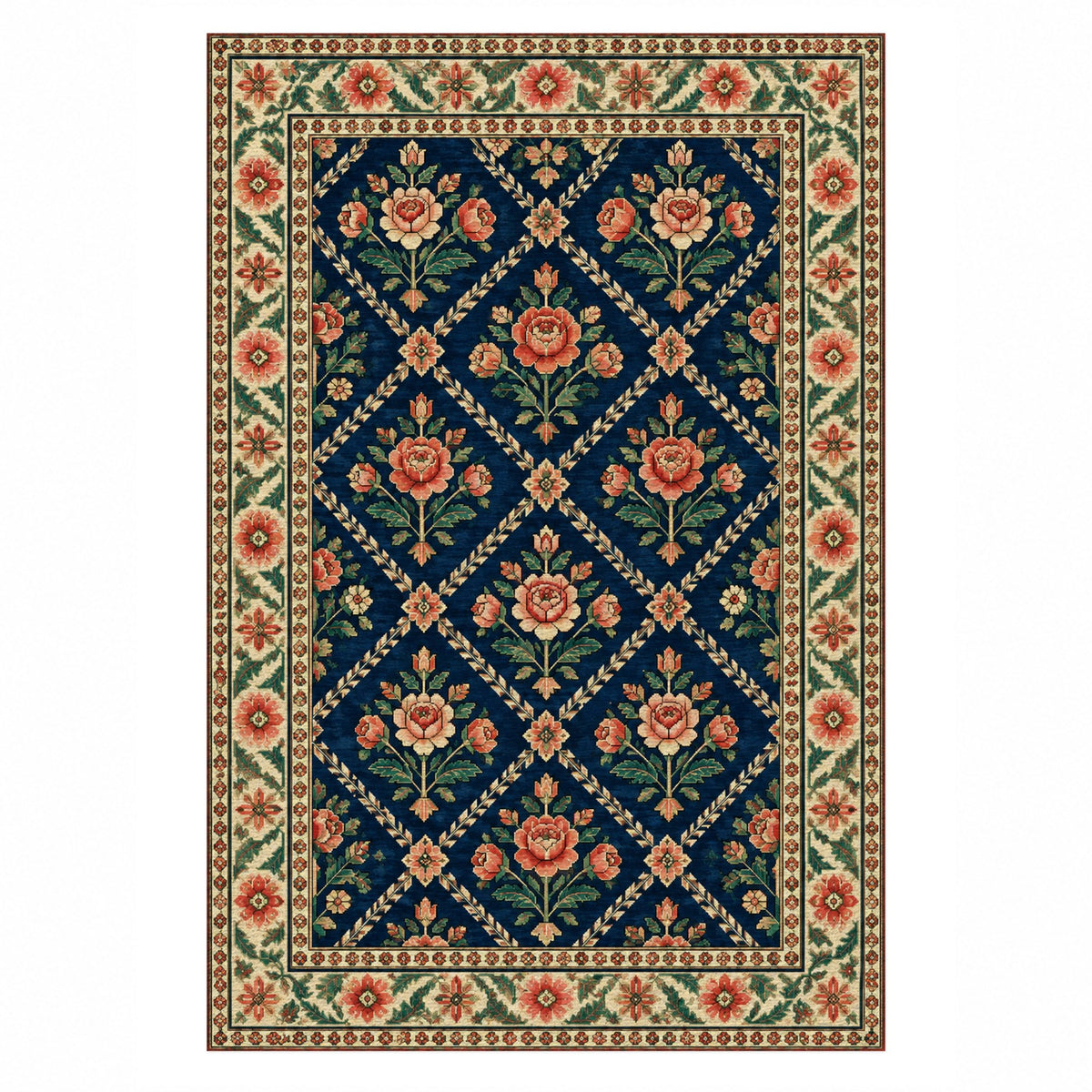 Rose Trellis Indigo Rose Ethnic Washable Rug — top view