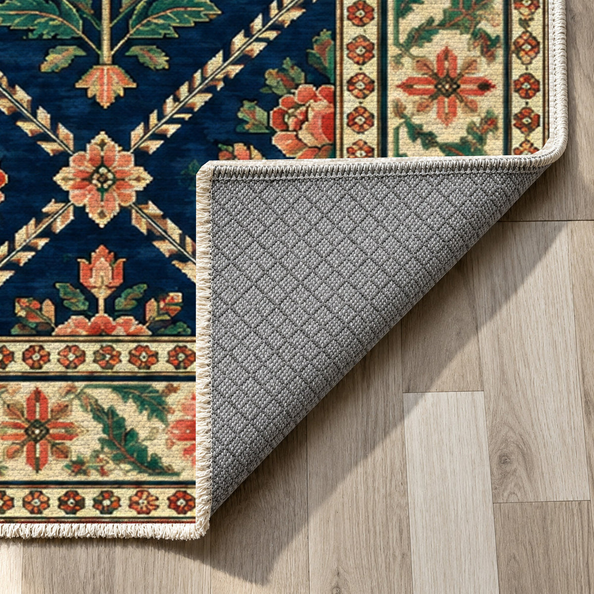 Rose Trellis Indigo Rose Ethnic Washable Rug — backing close up