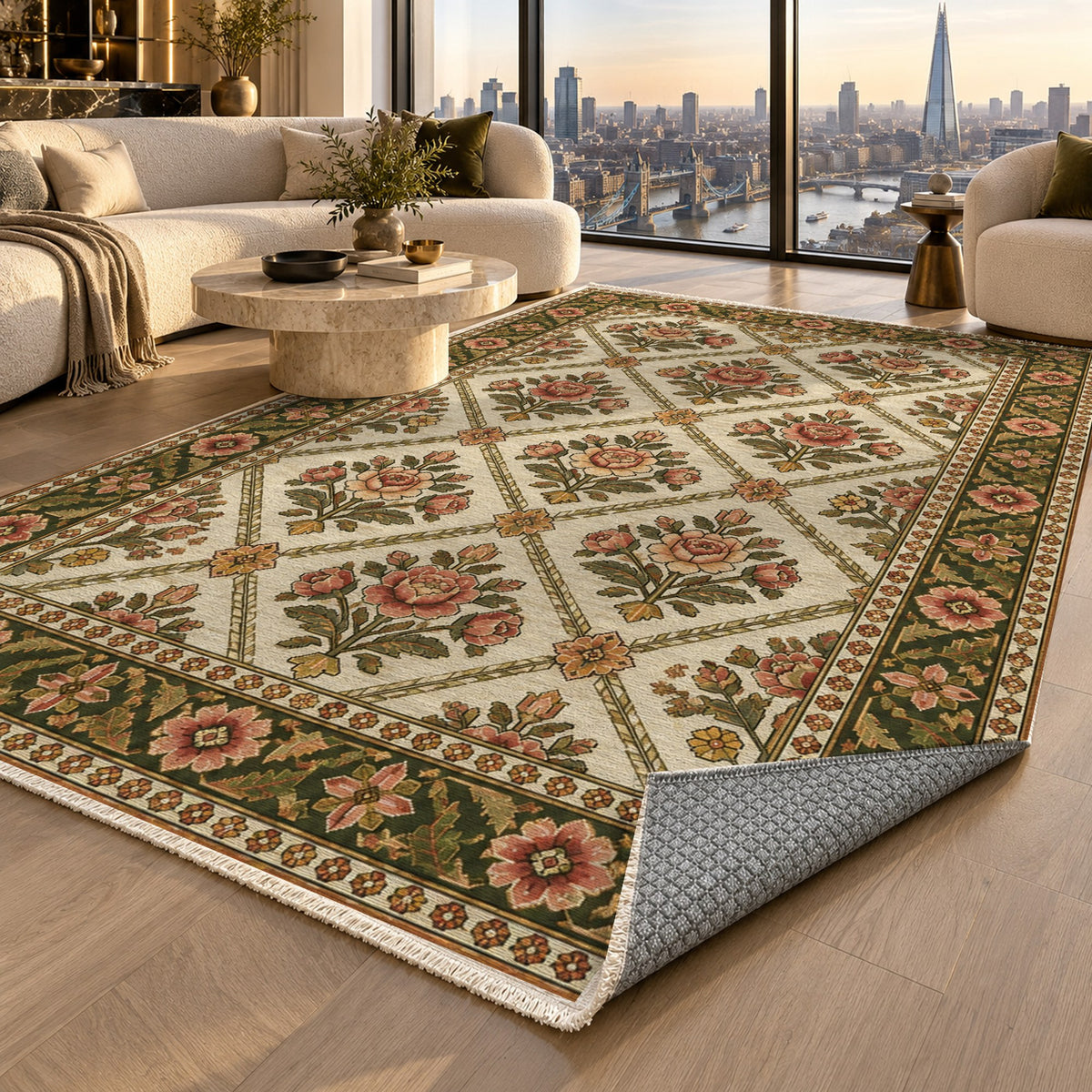 Rose Trellis Ivory Olive Ethnic Washable Rug — london luxury living