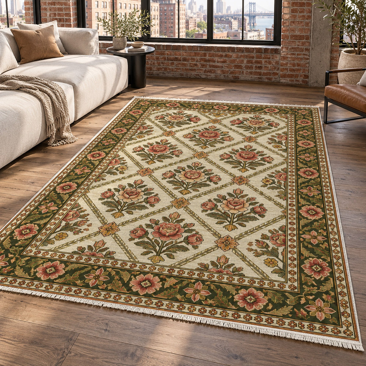 Rose Trellis Ivory Olive Ethnic Washable Rug — new york living