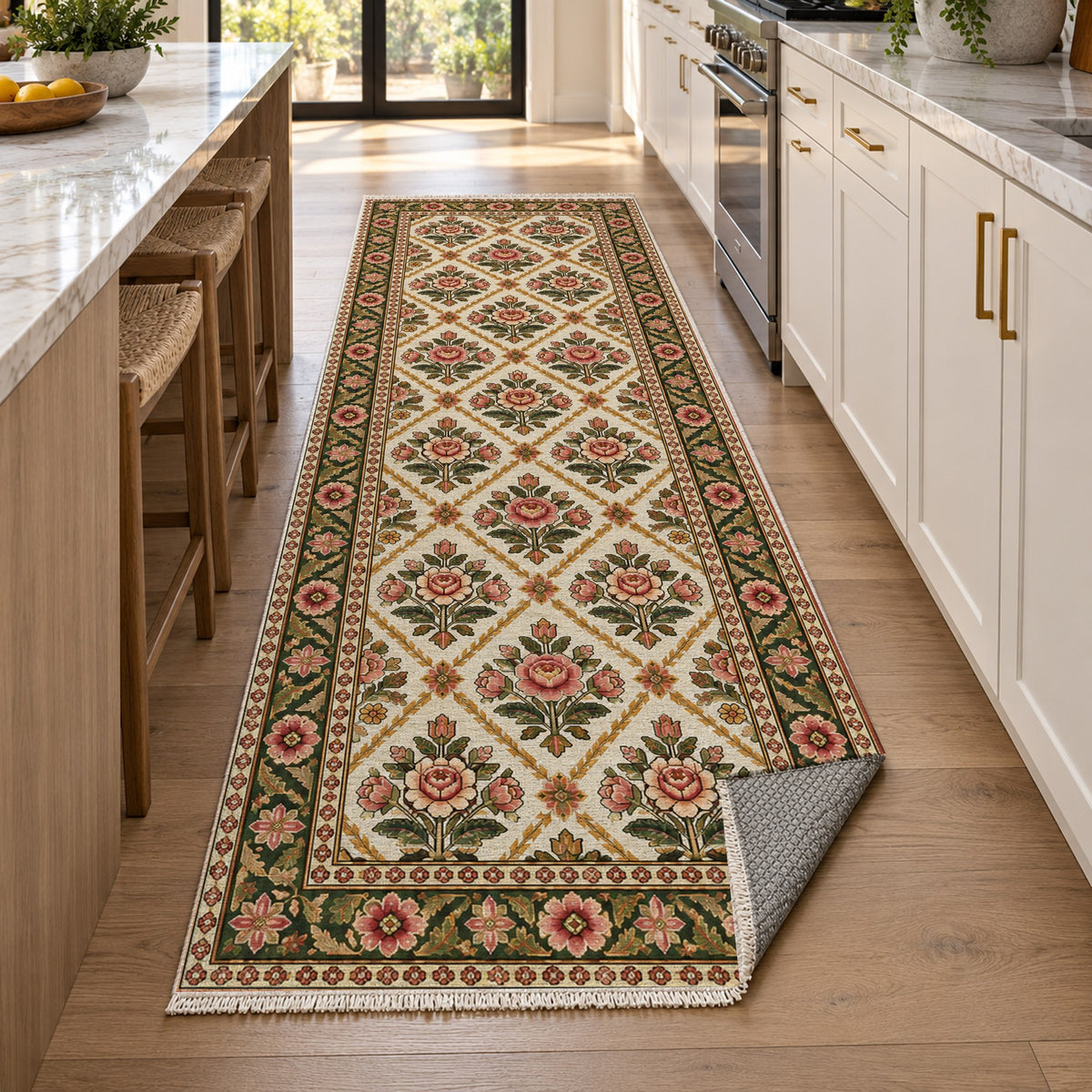 Rose Trellis Ivory Olive Ethnic Washable Rug — new york kitchen runner