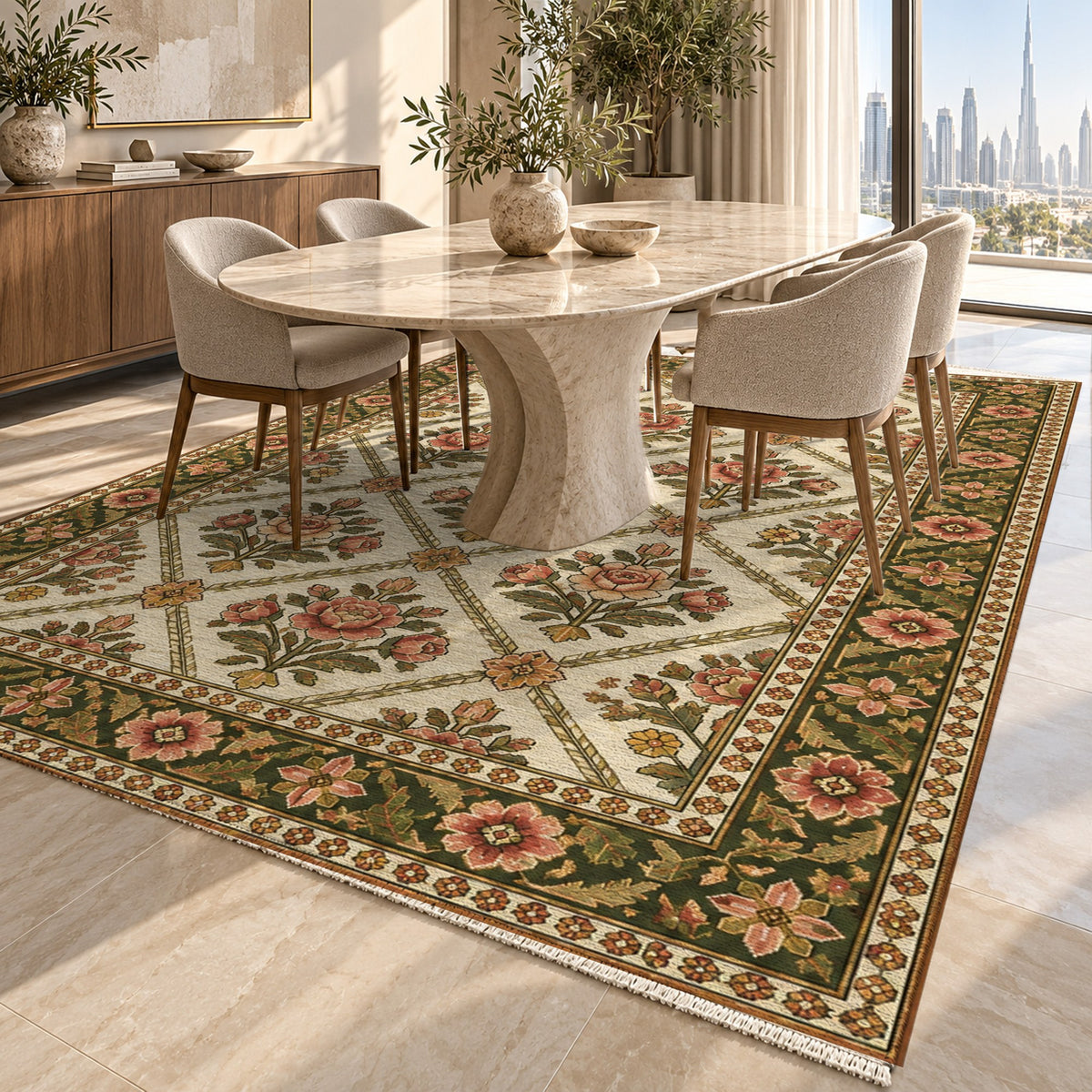 Rose Trellis Ivory Olive Ethnic Washable Rug — dubai dining