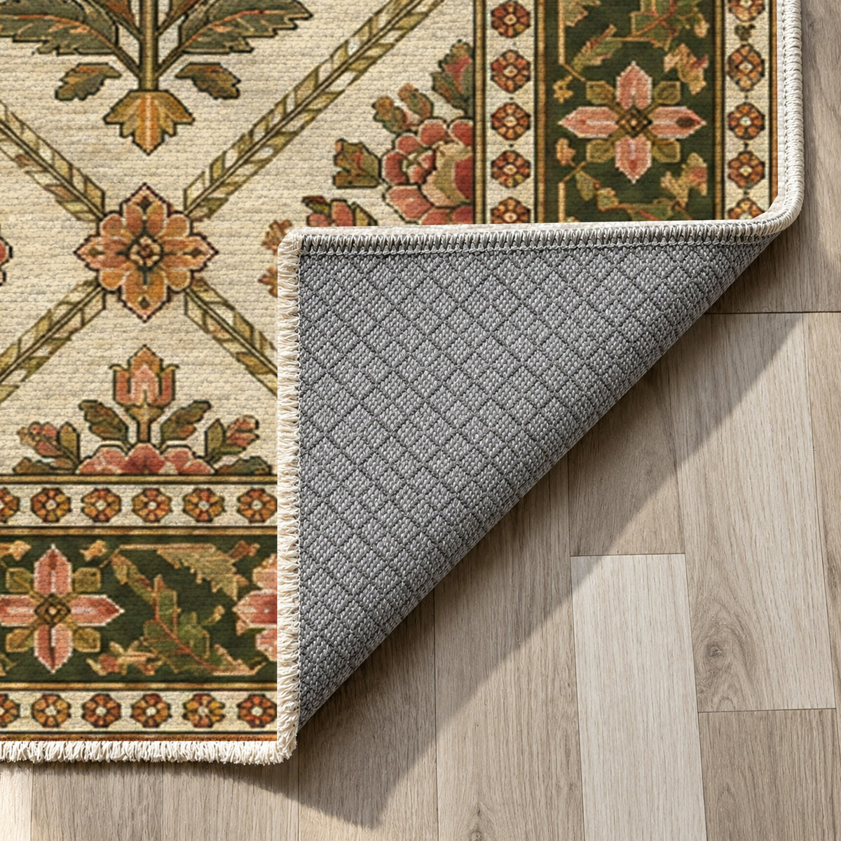 Rose Trellis Ivory Olive Ethnic Washable Rug — backing close up