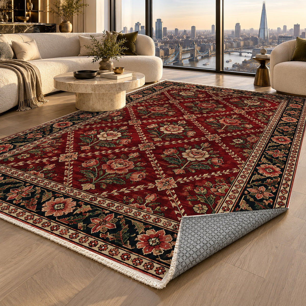 Rose Trellis Ruby Midnight Ethnic Washable Rug — london luxury living