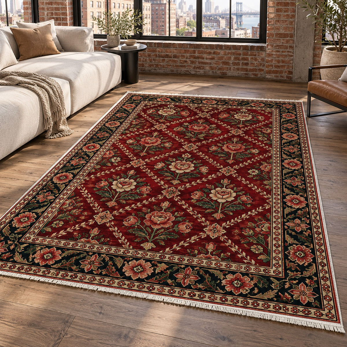 Rose Trellis Ruby Midnight Ethnic Washable Rug — new york living