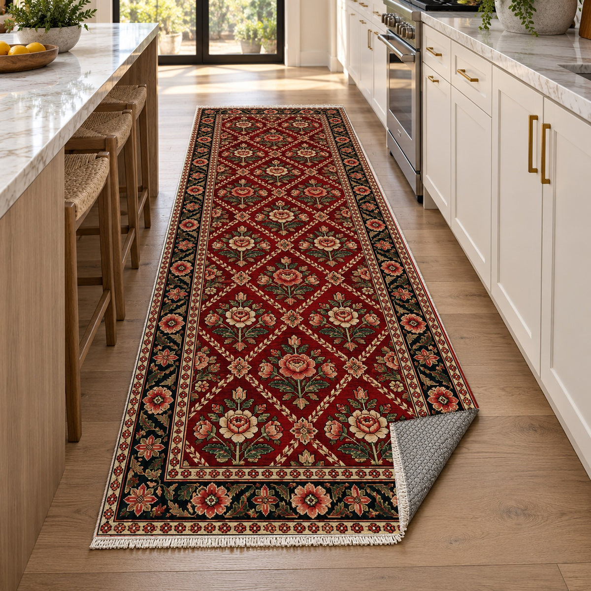 Rose Trellis Ruby Midnight Ethnic Washable Rug — new york kitchen runner