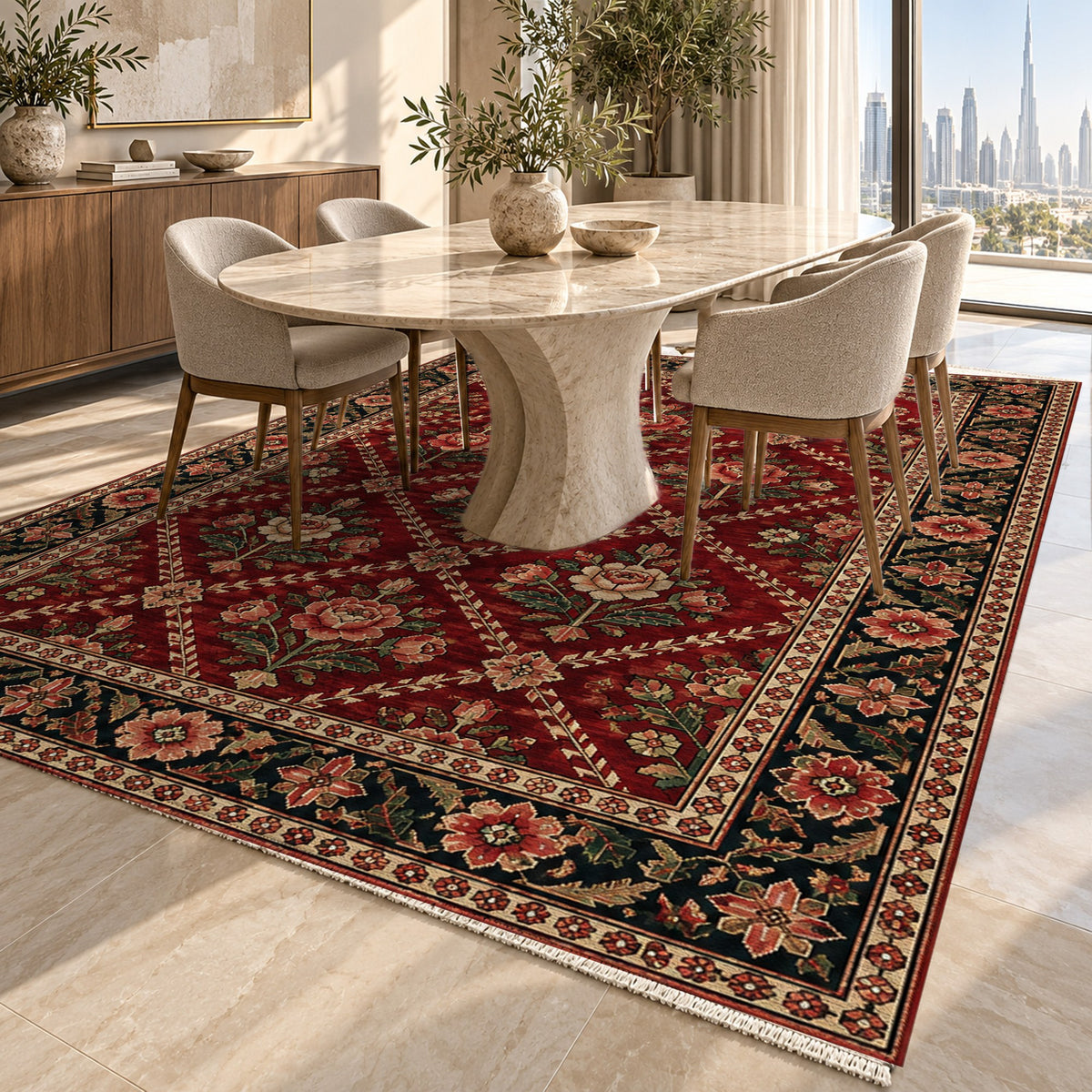 Rose Trellis Ruby Midnight Ethnic Washable Rug — dubai dining