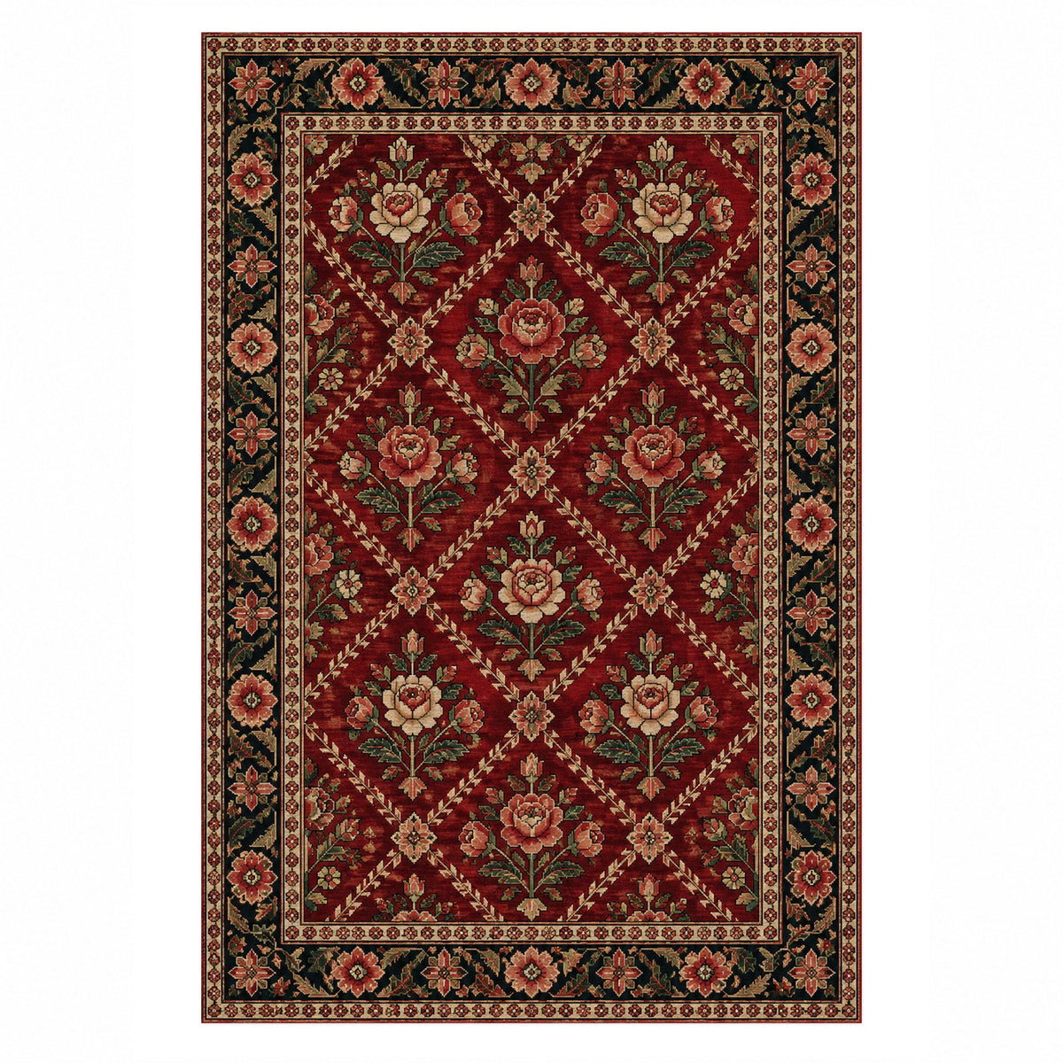 Rose Trellis Ruby Midnight Ethnic Washable Rug — top view