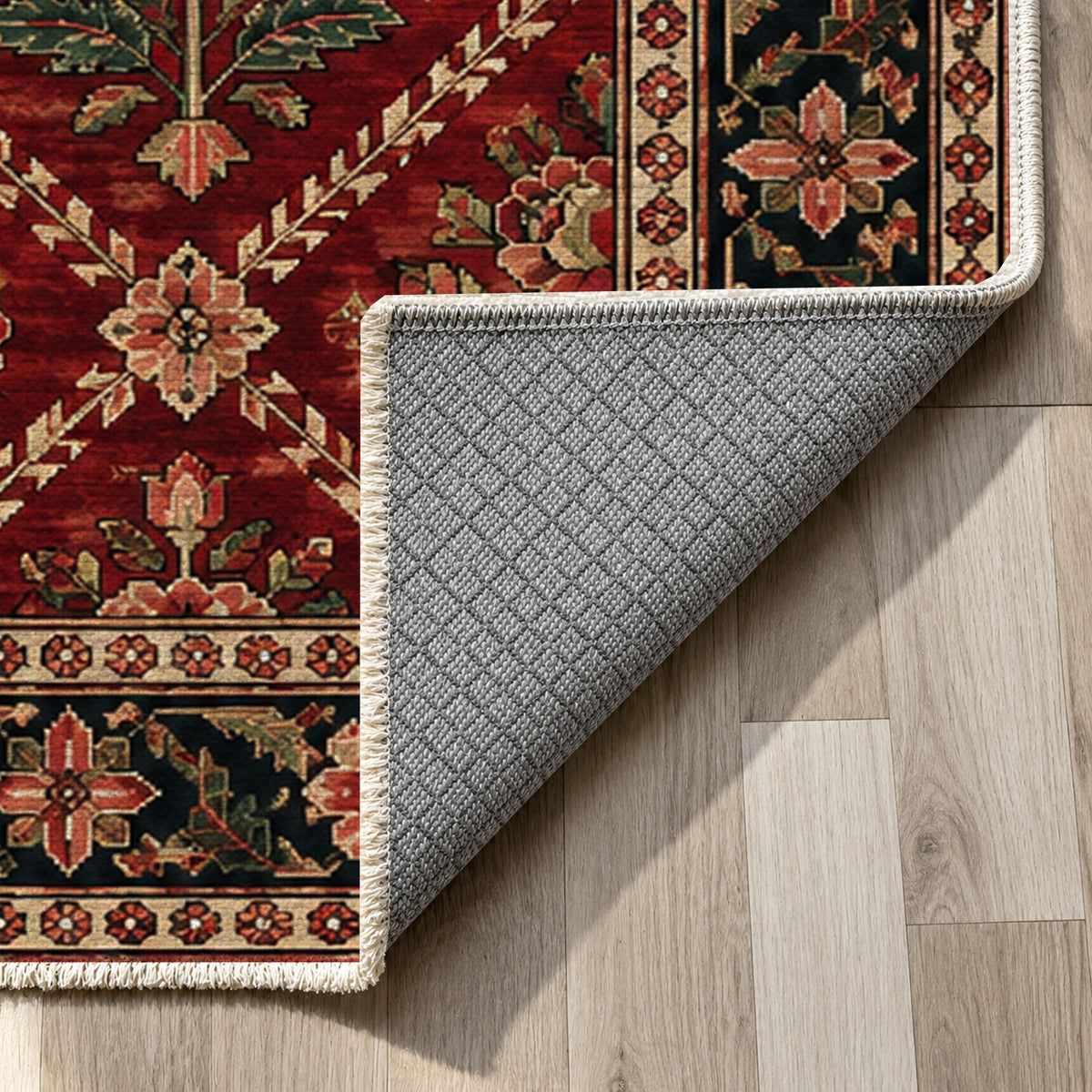 Rose Trellis Ruby Midnight Ethnic Washable Rug — backing close up