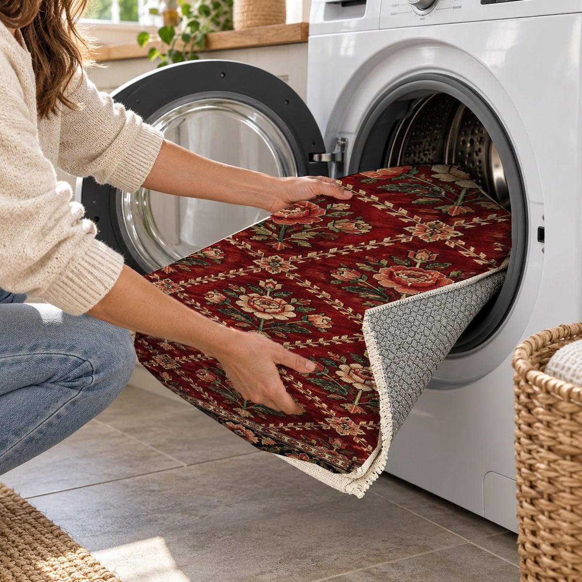 Rose Trellis Ruby Midnight Ethnic Washable Rug — washing machine